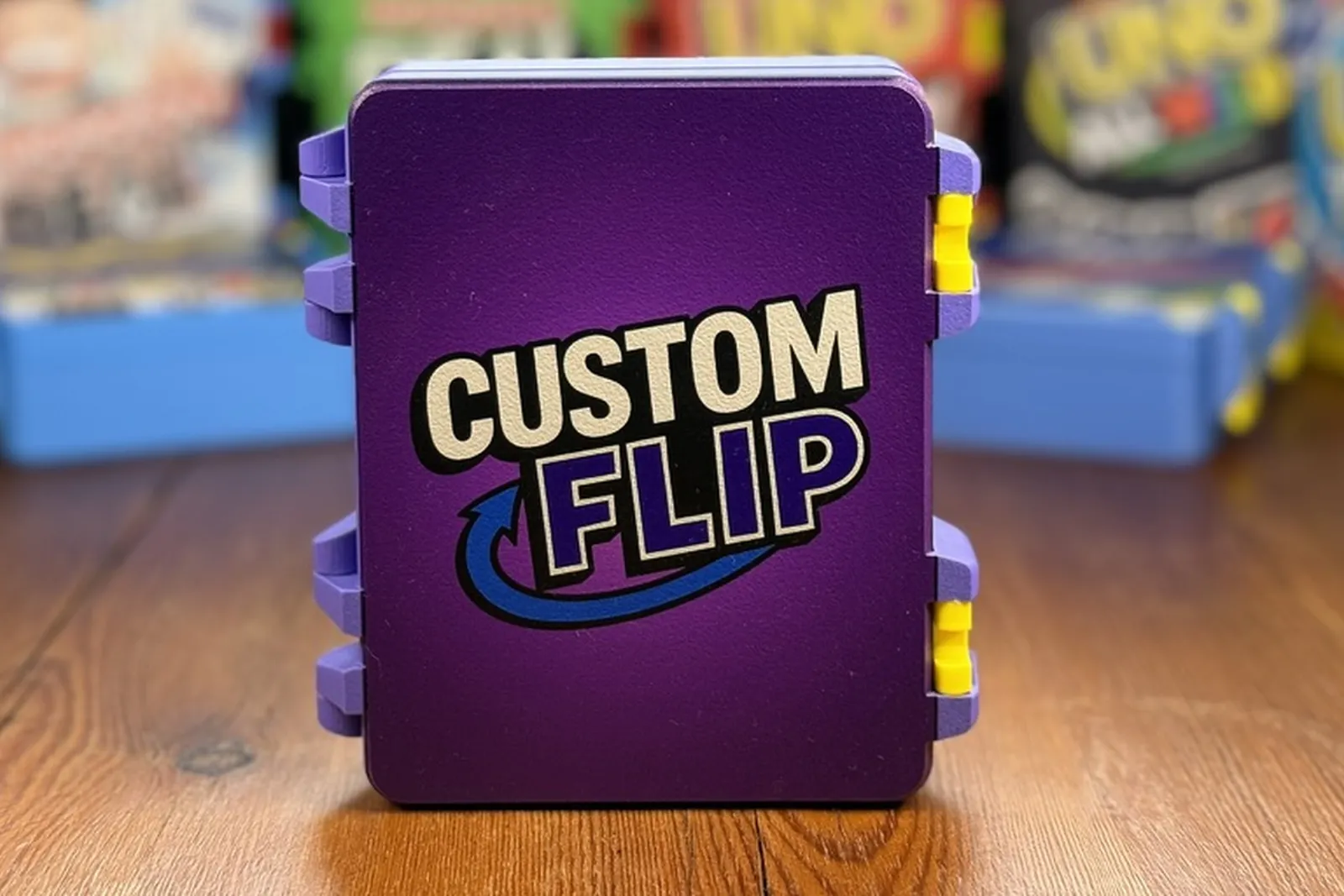 a purple card game case with a custom printed lid