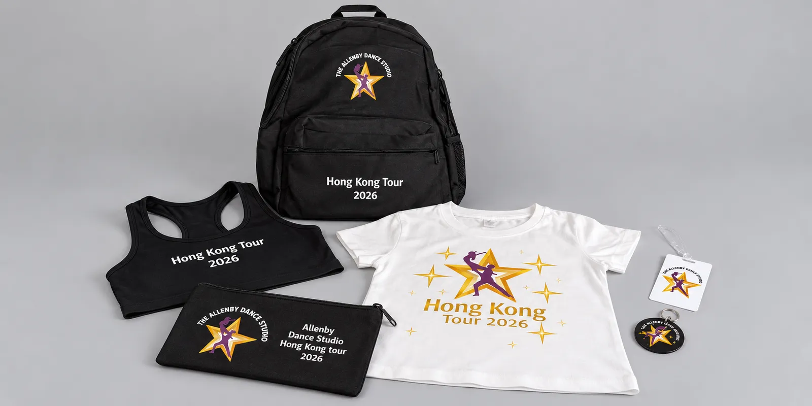 a tour pack: tee, crop top, pouch and backpack