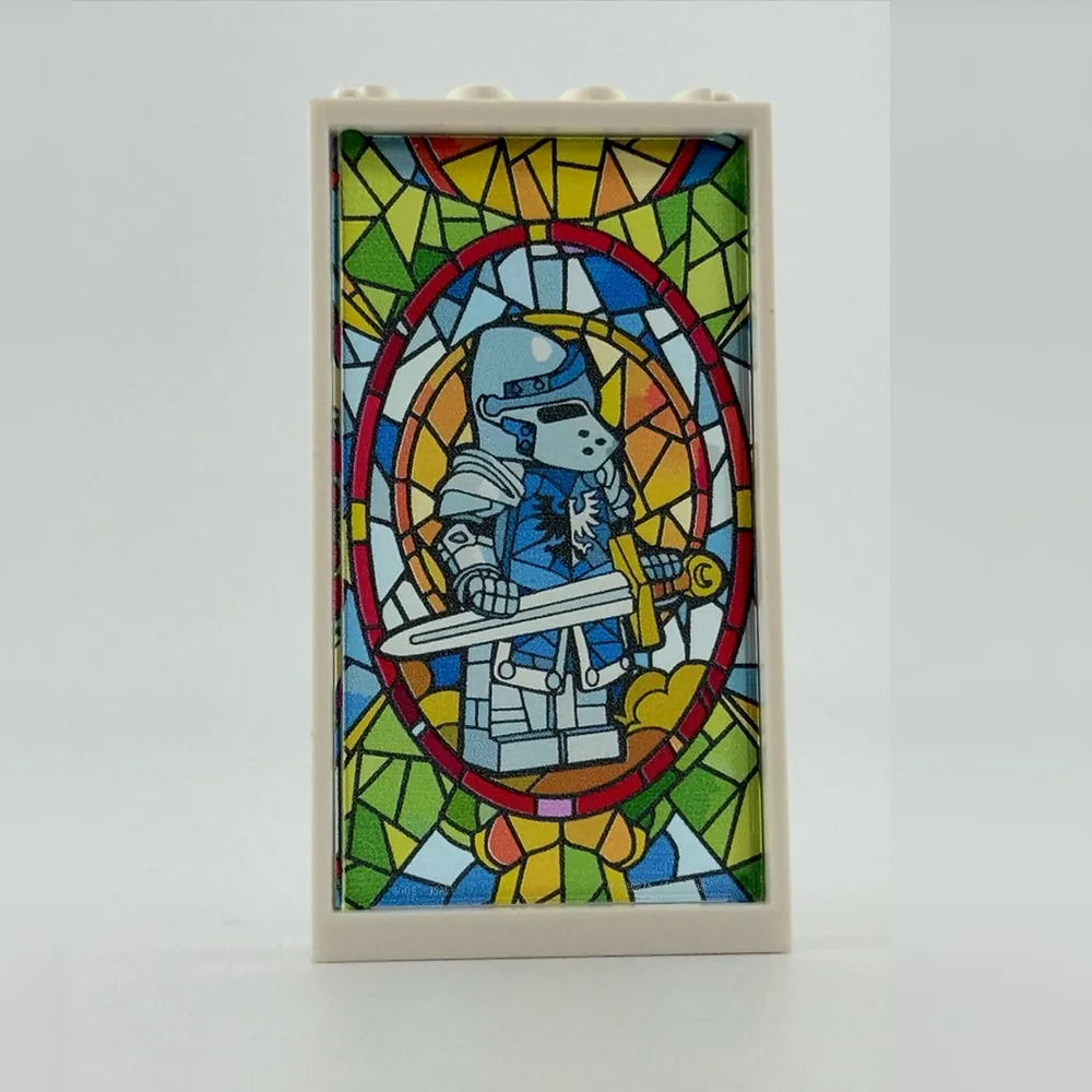 a LEGO panel printed with a stained-glass knight