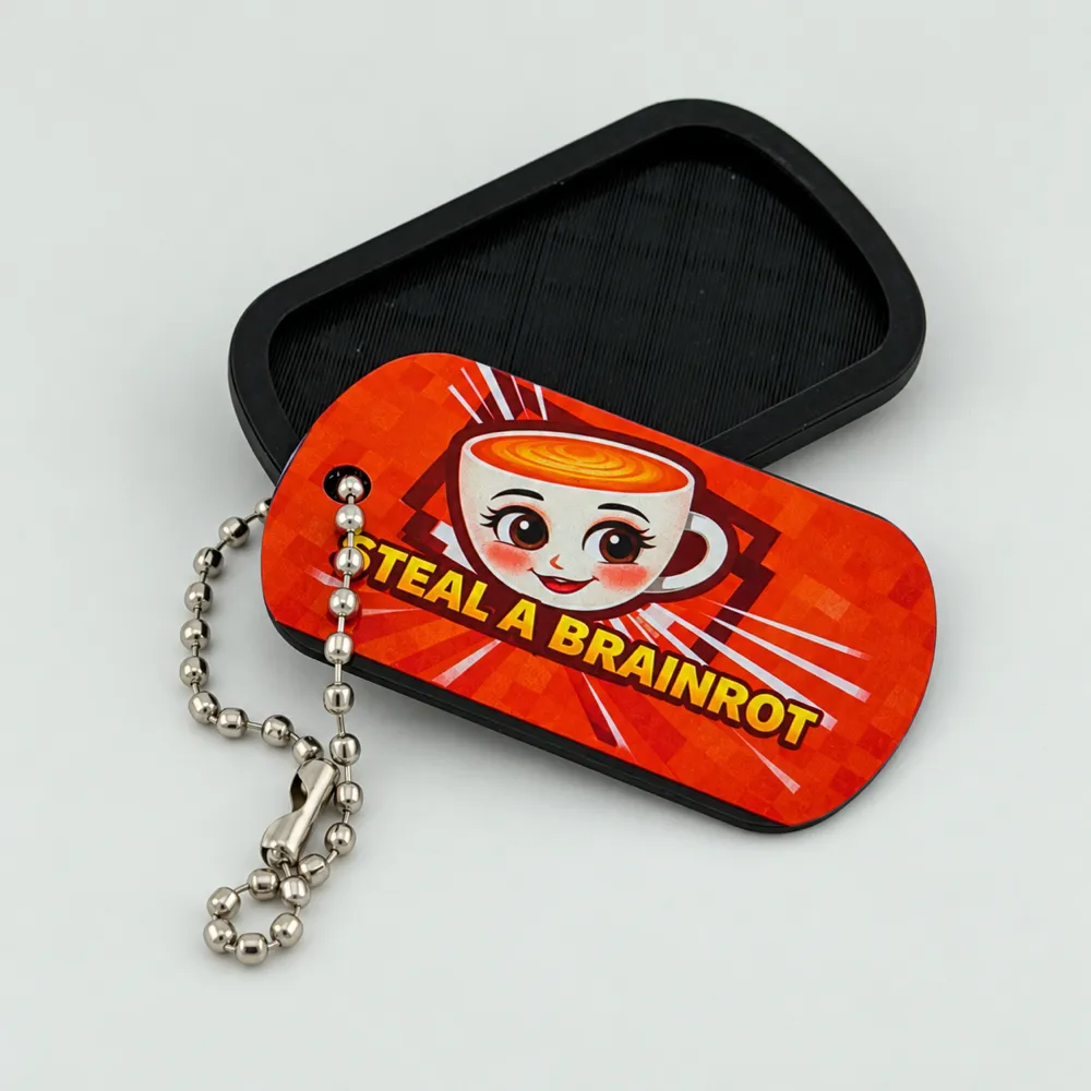 a printed dog tag in its case