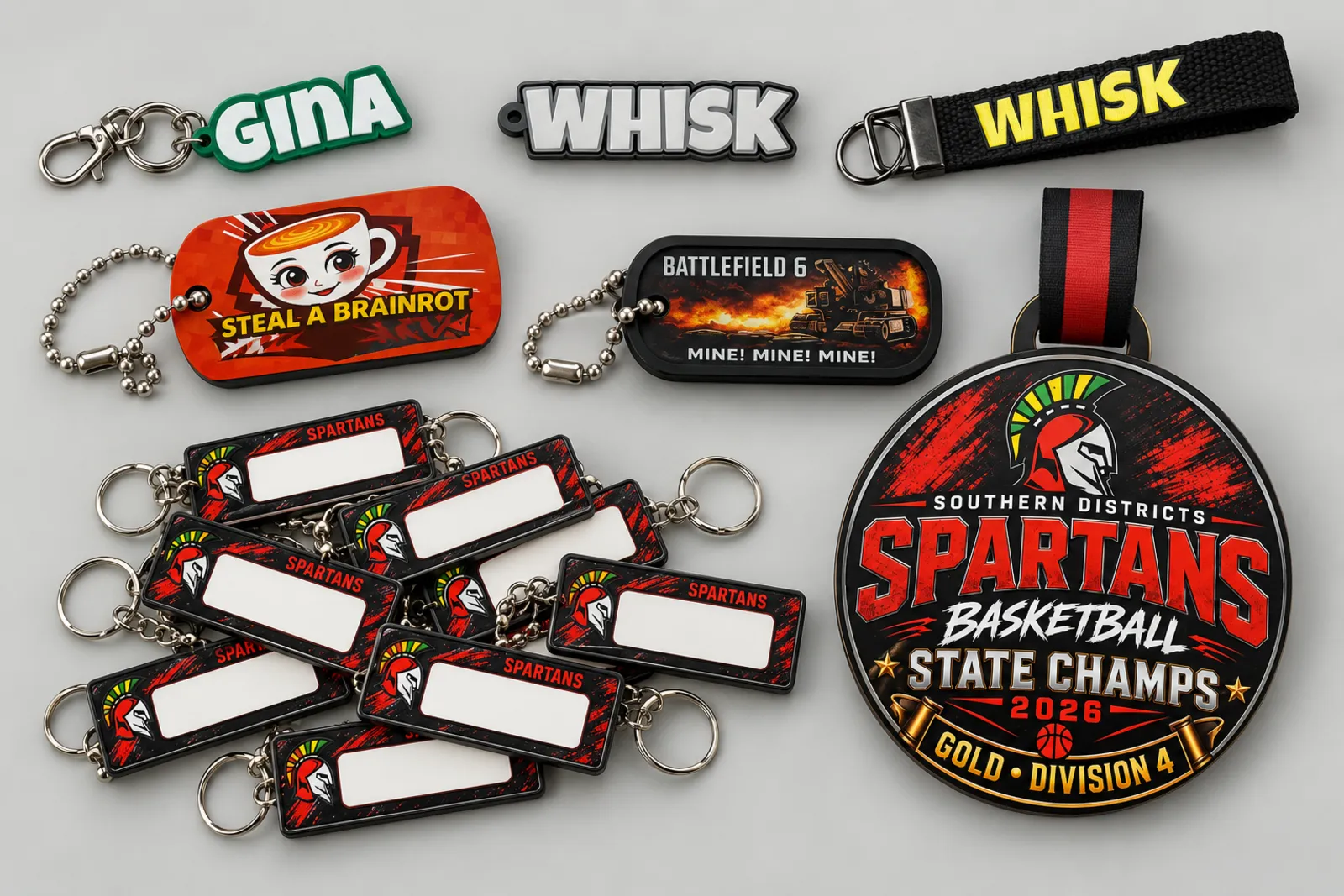 name keyrings, tags and a team medal