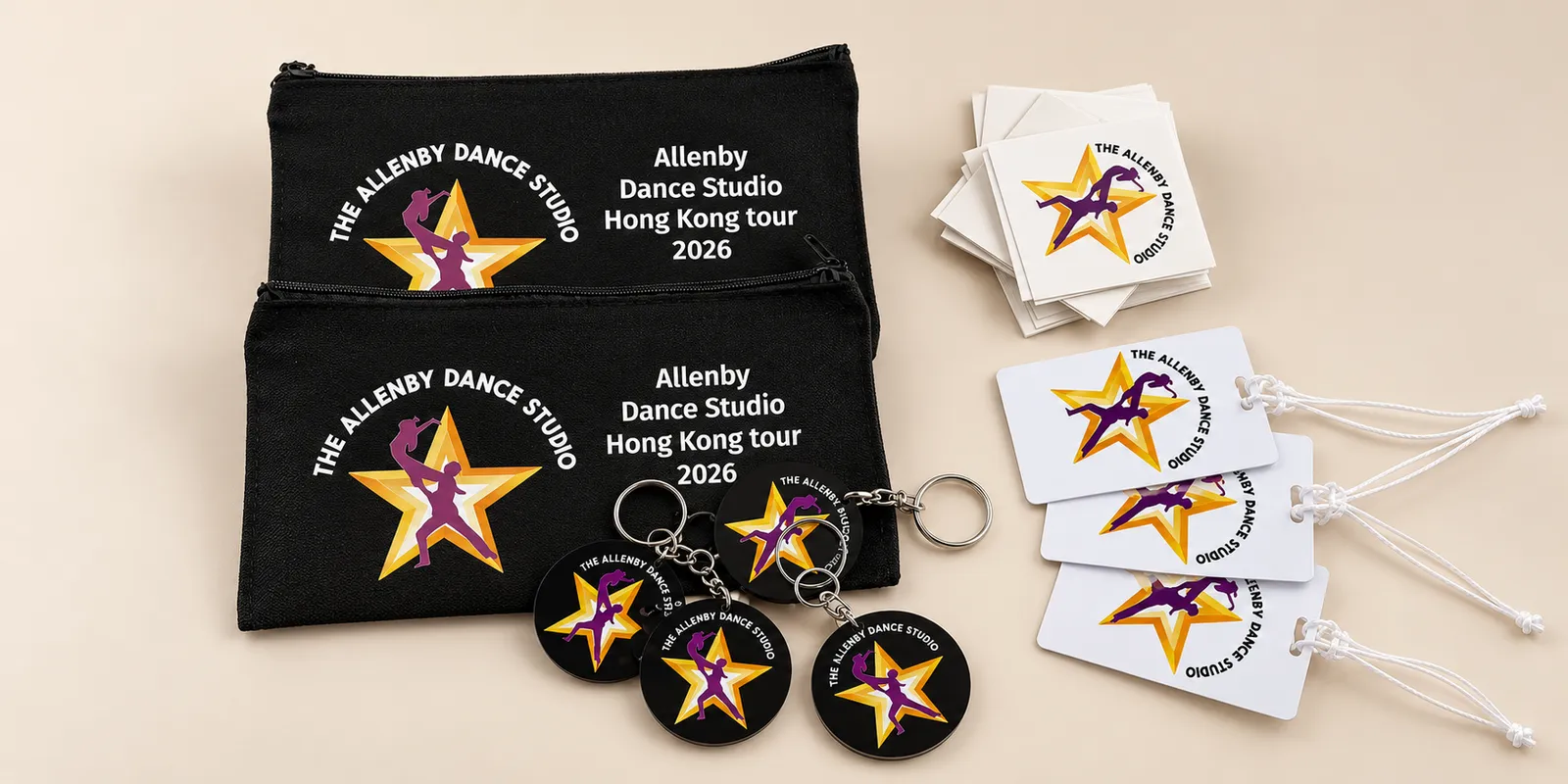 a dance tour pack: pouches, keyrings and bag tags