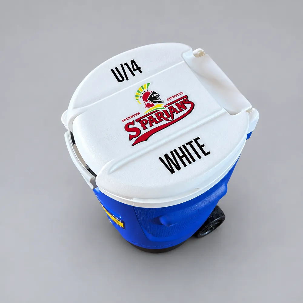 team stickers on a drinks cooler