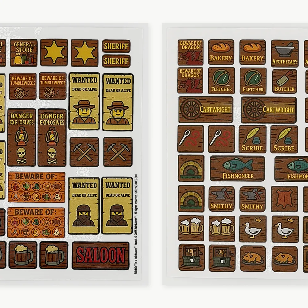 a sheet of Wild West shop signs