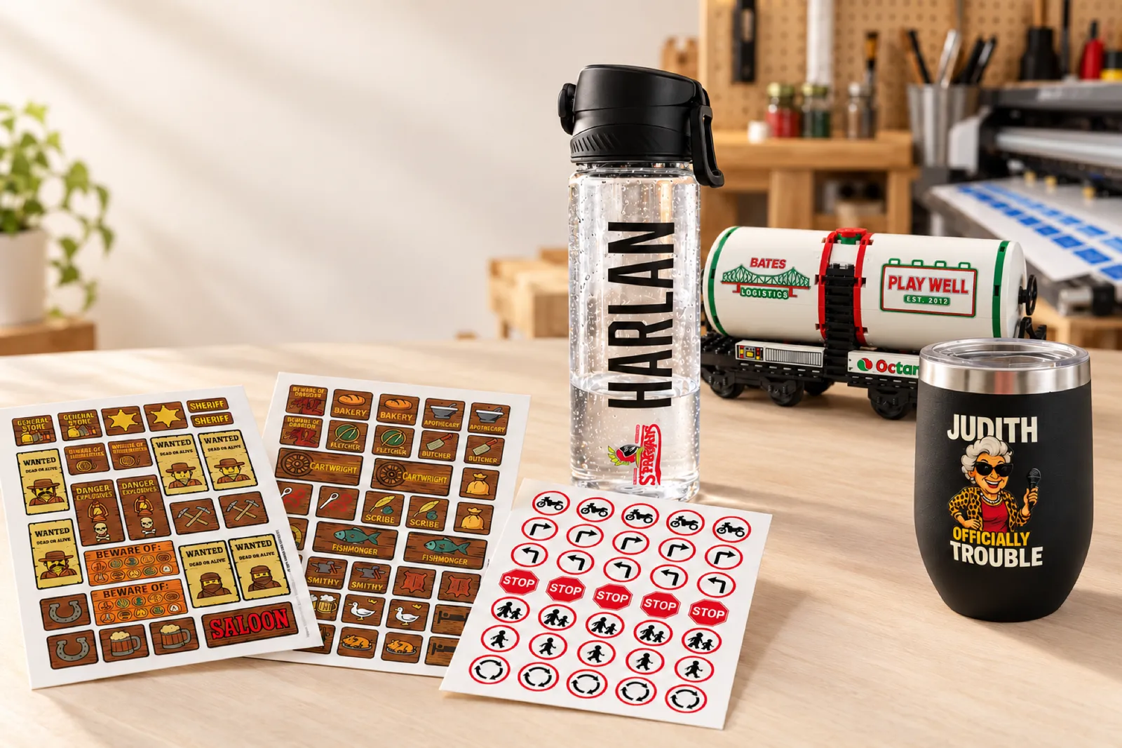 sticker sheets, a water bottle, a tumbler and a stickered LEGO wagon on a workbench