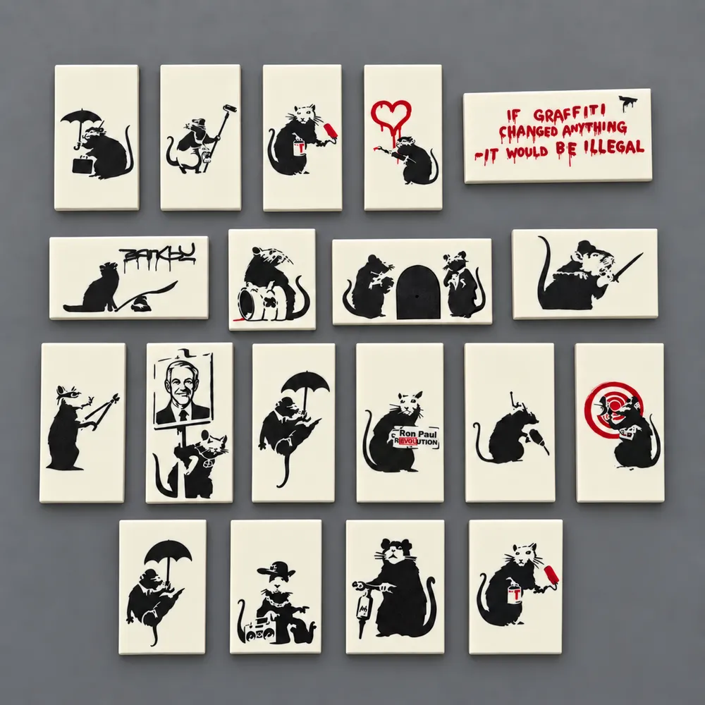 white tiles, each printed with a stencil-style rat