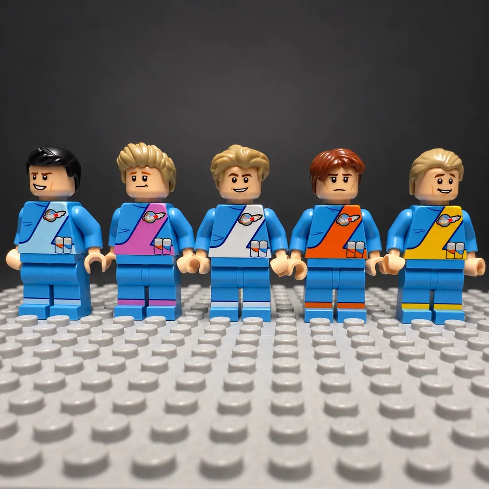 five minifigures with printed sash torsos
