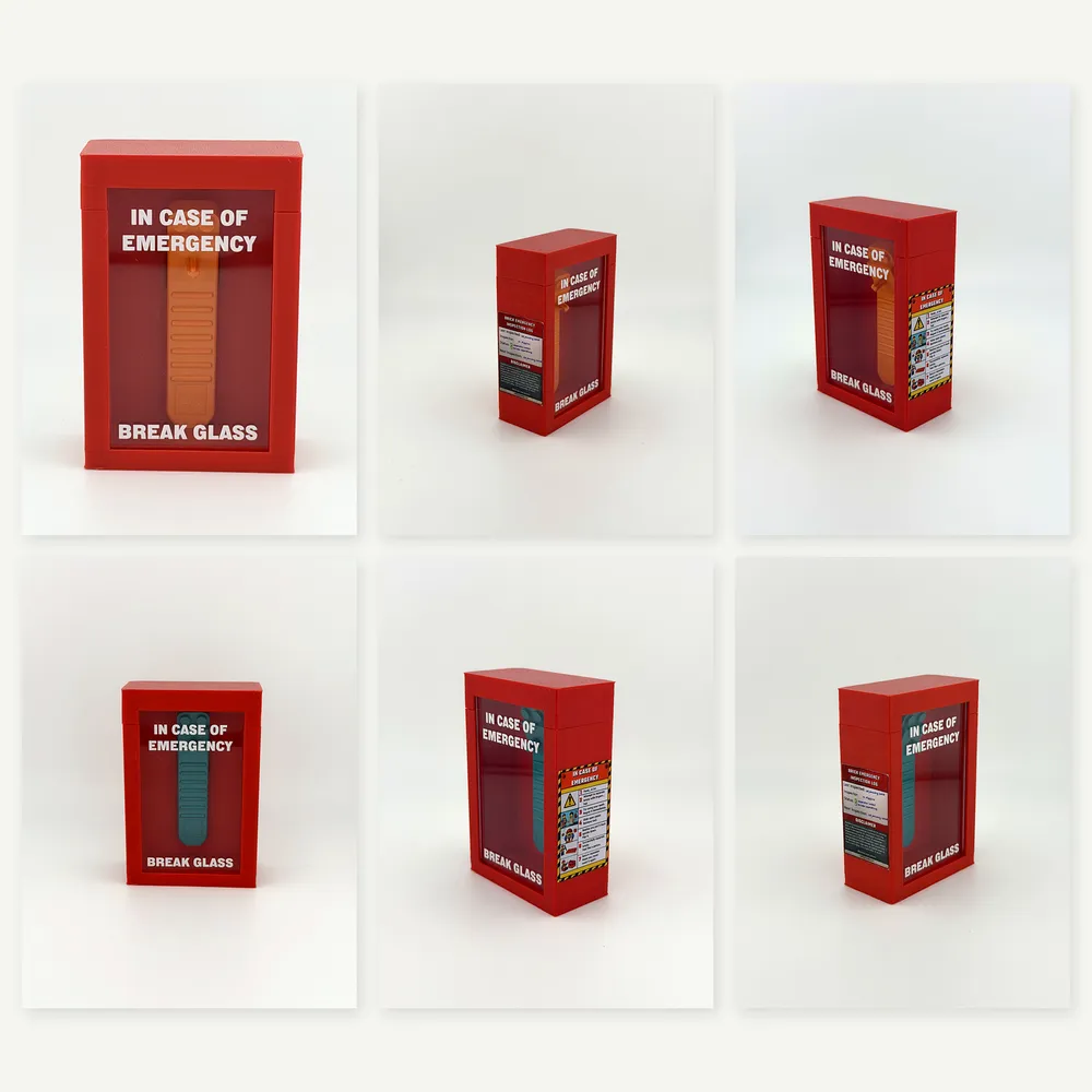 a small red box printed In case of emergency, break glass, from six angles