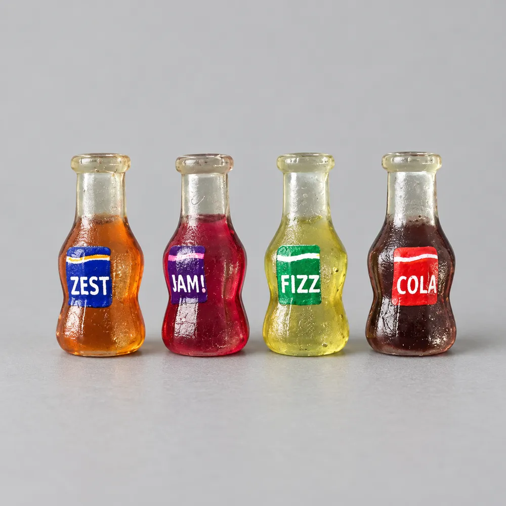 four tiny bottles printed with drink labels