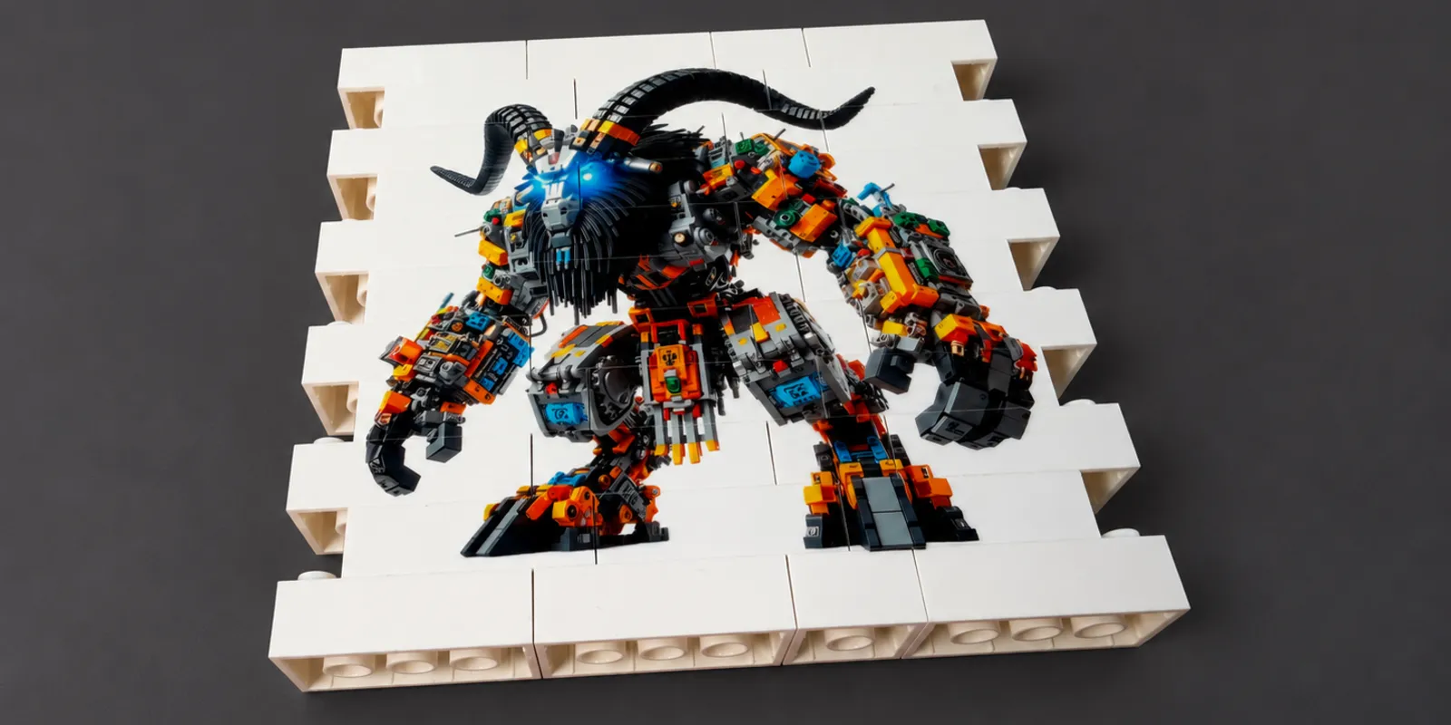 one robot artwork printed across a panel of white bricks